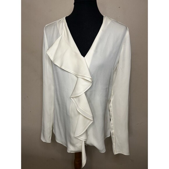 Theory "Jastrid" 100% silk Ivory ruffle front V neck pullover blouse Top Small - Picture 4 of 7